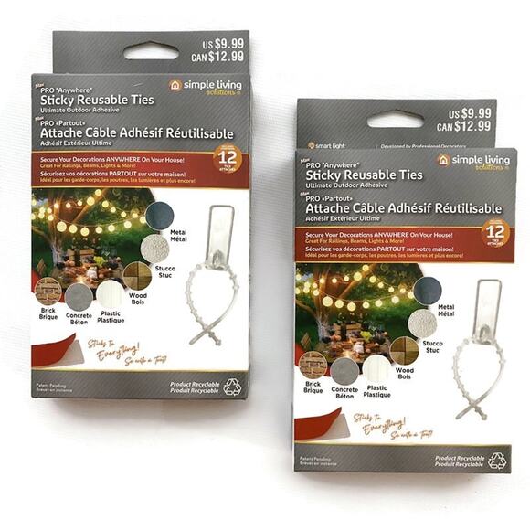 Simple Living Sticky Reusable Ties 12 Piece Indoor Outdoor Lot of 2 - Picture 1 of 7